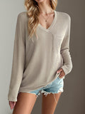 Double Take Pocketed Textured V-Neck Long Sleeve T-Shirt - Trendsi