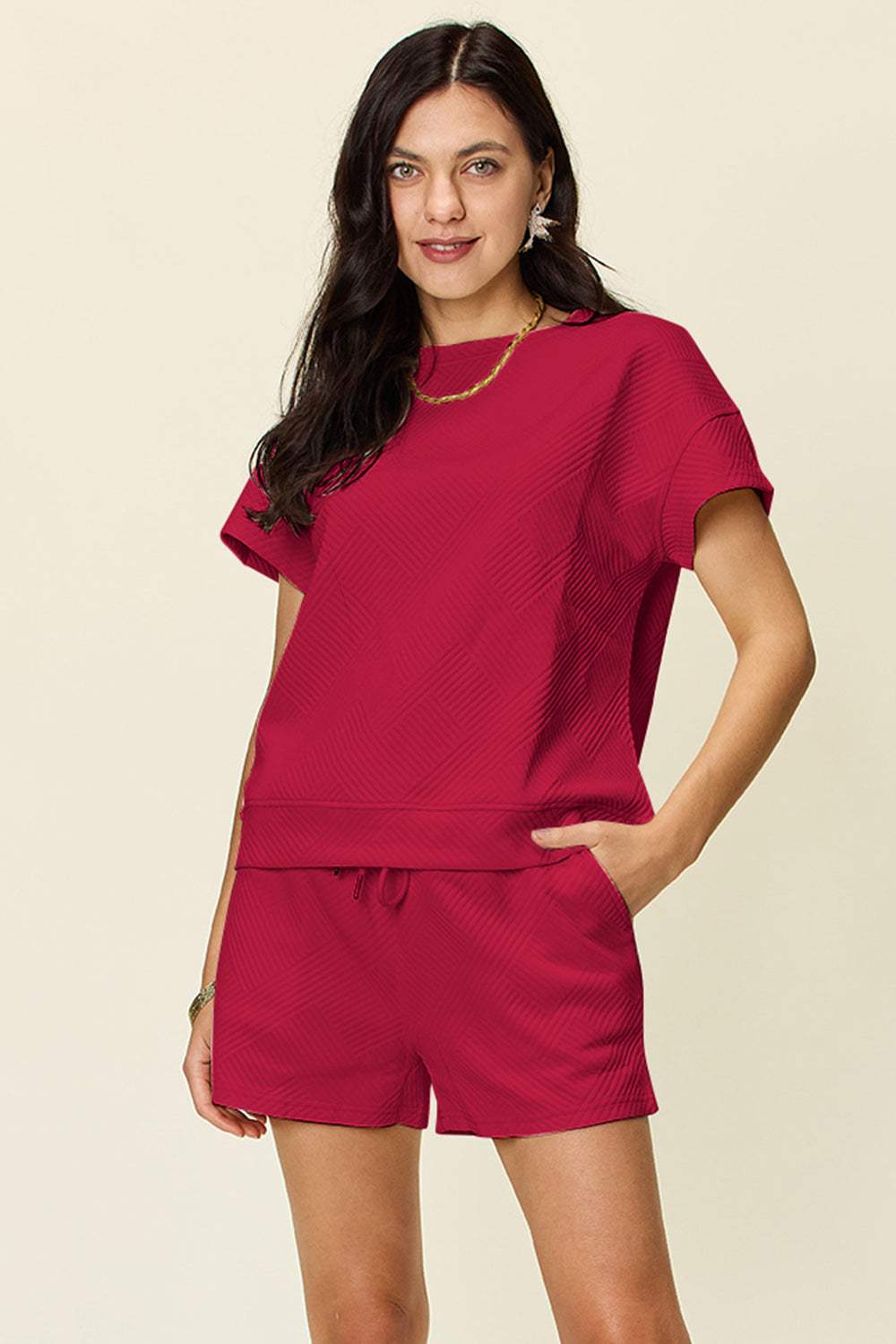 Double Take Full Size Texture Short Sleeve T-Shirt and Drawstring Shorts Set - Trendsi - Flyclothing LLC