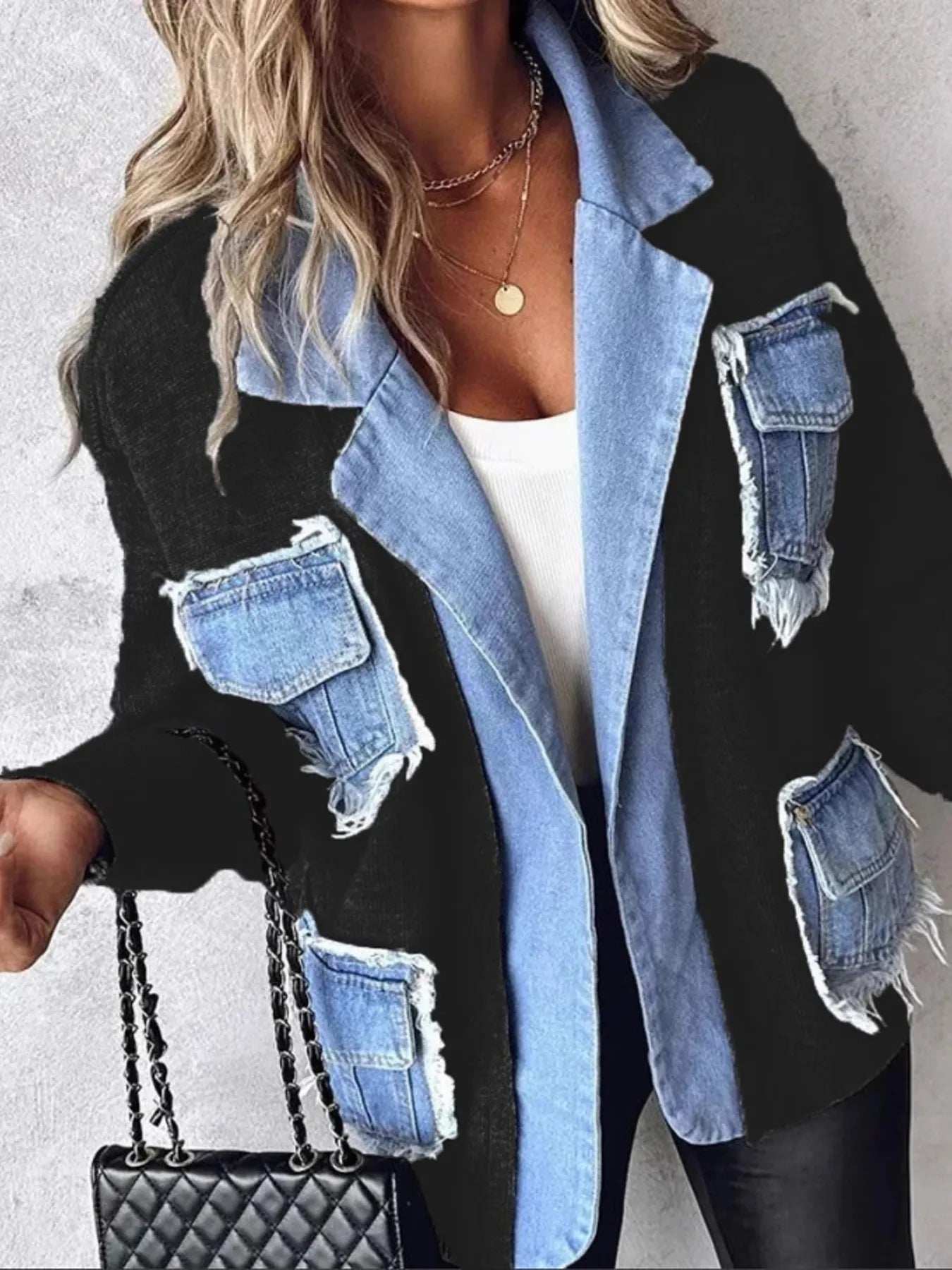 Raw Hem Denim Pocket Patchwork Cardigan - Trendsi - Flyclothing LLC
