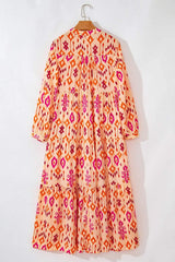 Tiered Printed Notched Long Sleeve Midi Dress - Trendsi - Flyclothing LLC