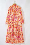 Tiered Printed Notched Long Sleeve Midi Dress - Trendsi - Flyclothing LLC