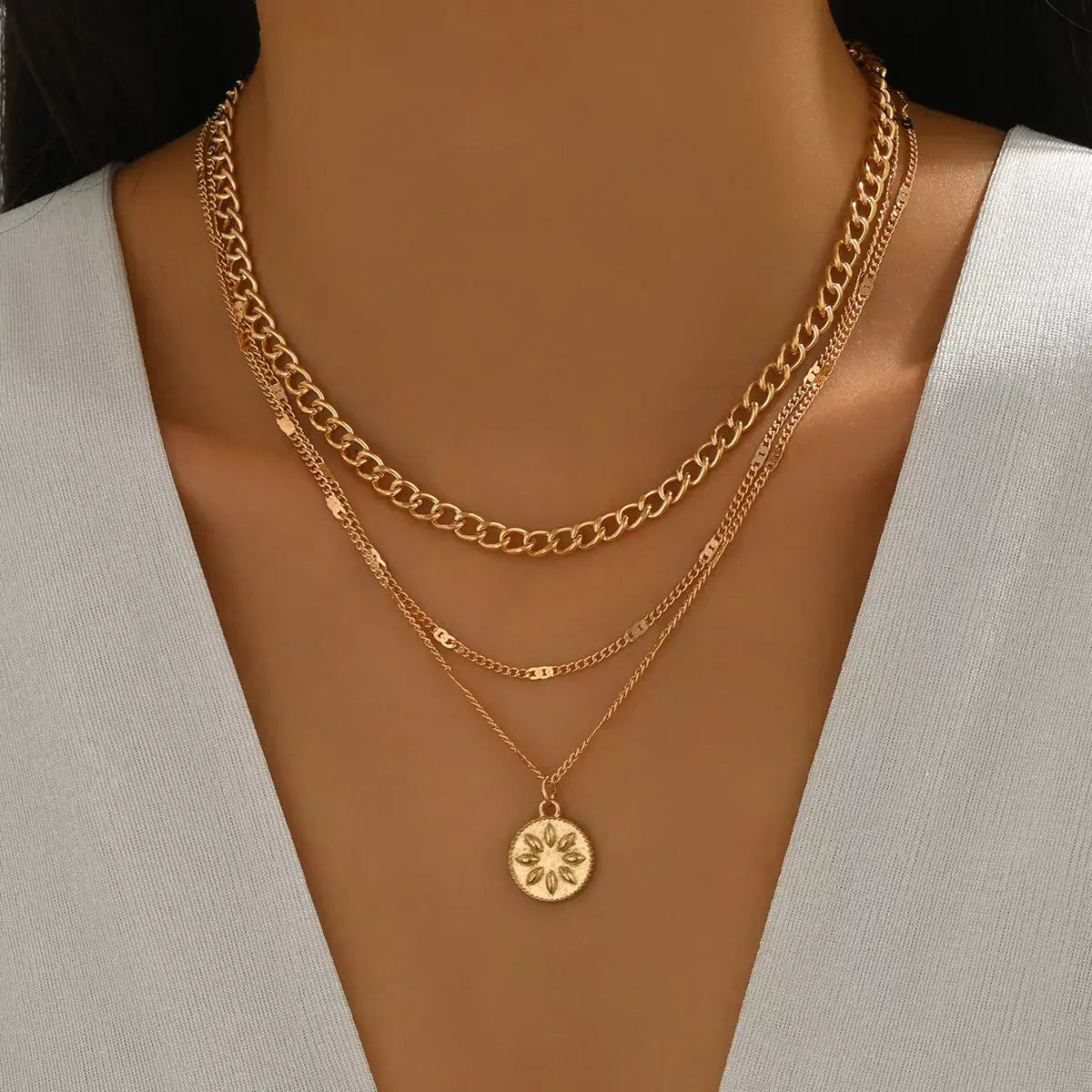 18K Gold-Plated Three Layered Pendant Necklace - Trendsi - Flyclothing LLC