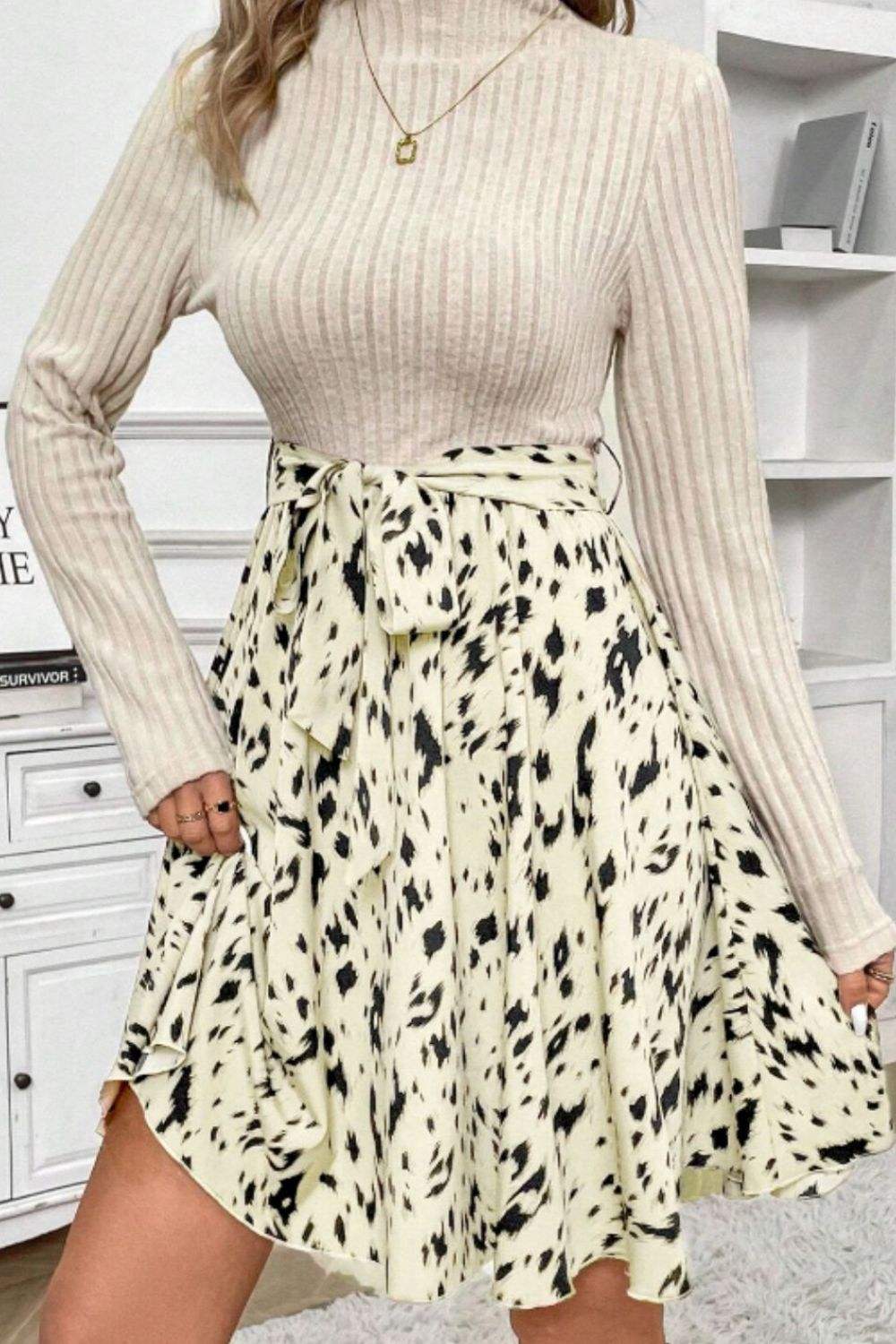 Printed Tie Waist Mock Neck Long Sleeve Dress - Trendsi - Flyclothing LLC