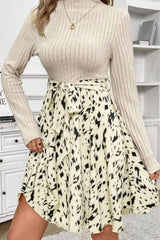 Printed Tie Waist Mock Neck Long Sleeve Dress - Trendsi - Flyclothing LLC