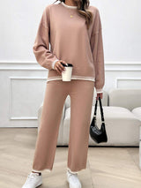 Round Neck Dropped Shoulder Top and Pants Sweater Set - Trendsi - Flyclothing LLC