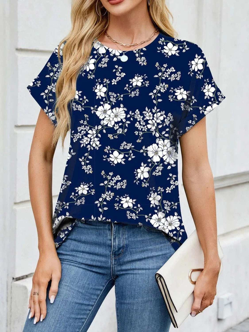 Printed Round Neck Short Sleeve Top - Trendsi - Flyclothing LLC