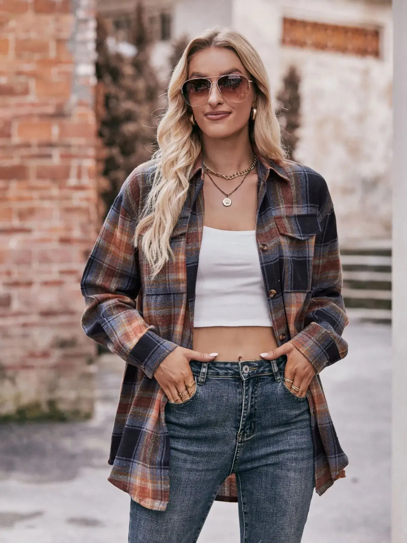 Plaid Button-Down Long Sleeve Shirt - Trendsi - Flyclothing LLC