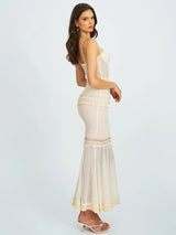 Pallas Beige Lace Trim Crochet Mermaid Maxi Dress - Miss Circle - Flyclothing LLC