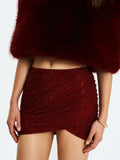 Darleen Crimson Rhinestone Mesh Low Waist Ruched Skirt - Miss Circle - Flyclothing LLC