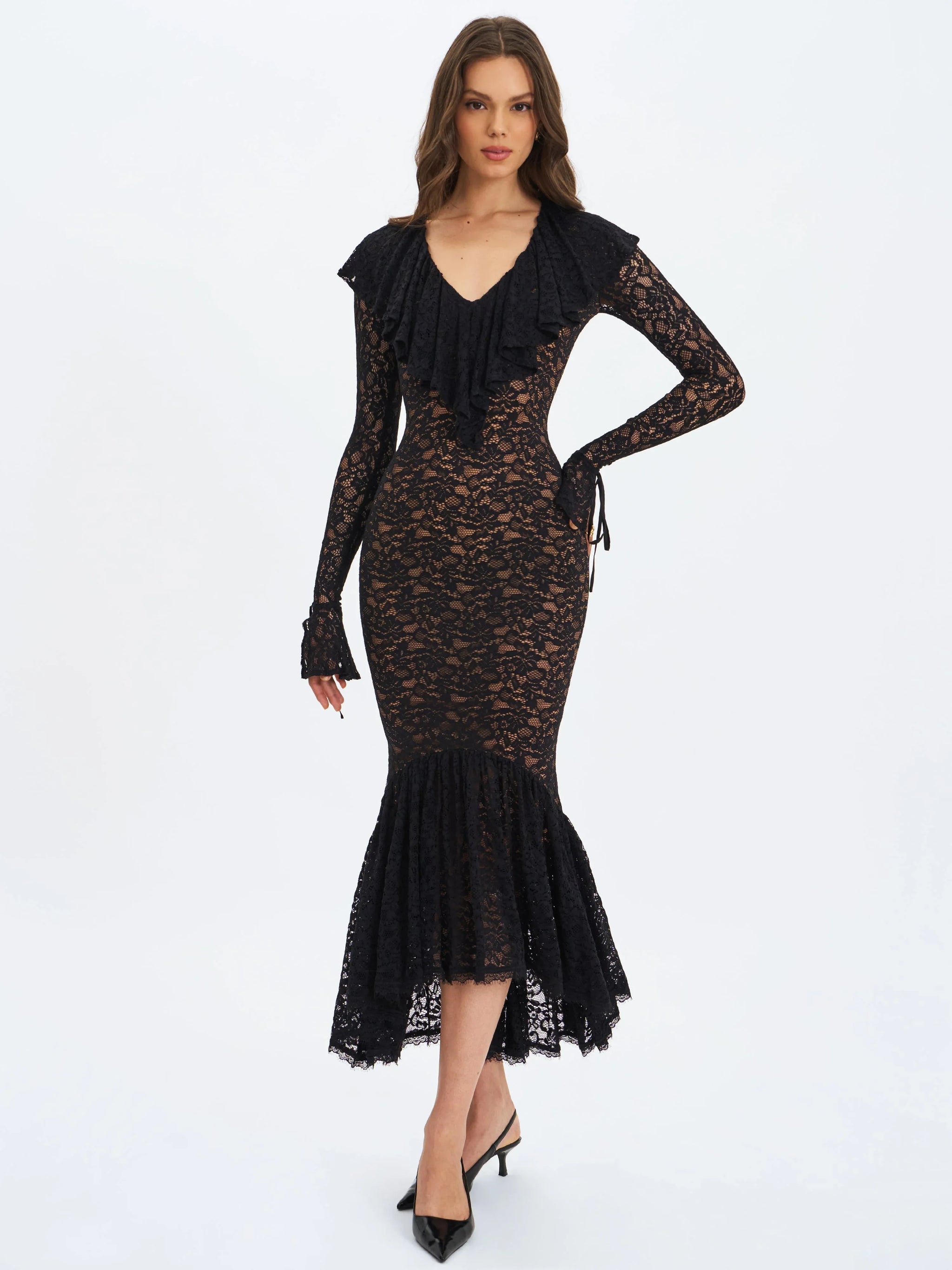 Parisa Black Lace Ruffled Mermaid Maxi Dress - Miss Circle - Flyclothing LLC