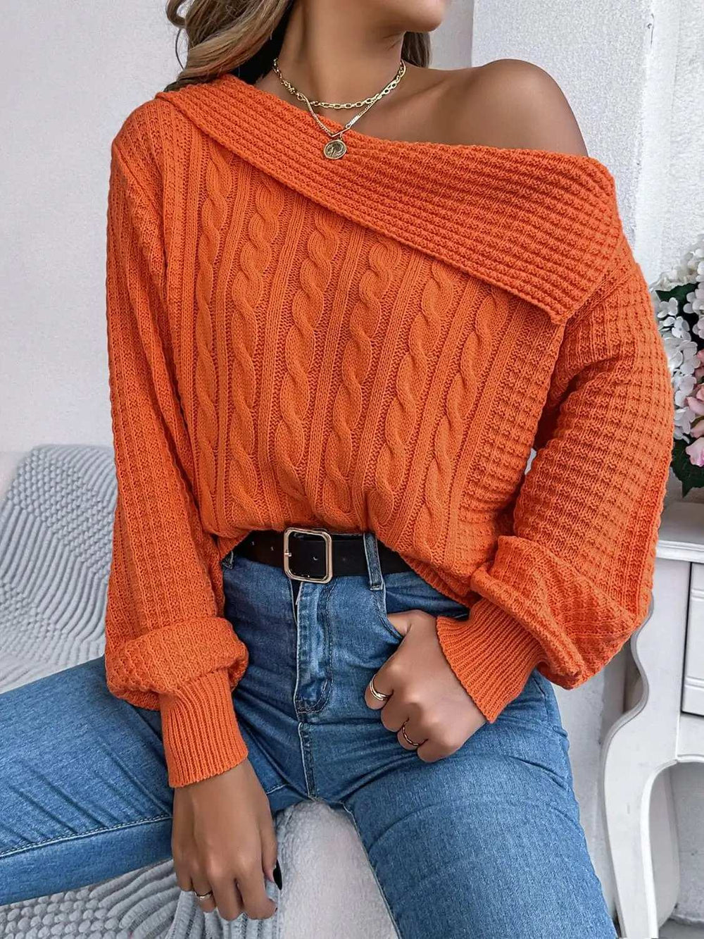 Cable-Knit One Shoulder Long Sleeve Sweater - Trendsi - Flyclothing LLC