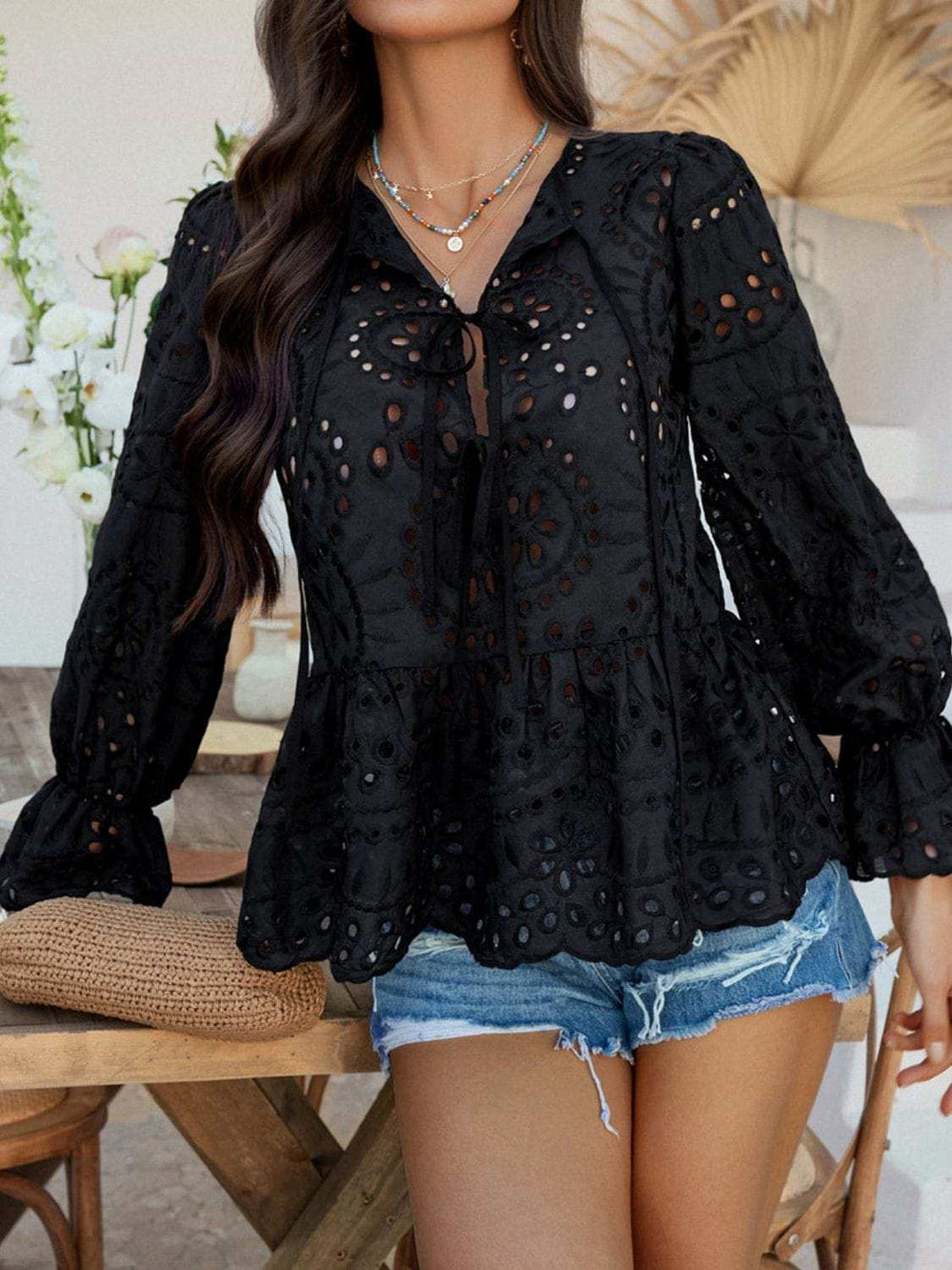 Devine Tie Front Flounce Sleeve Peplum Blouse - Trendsi - Flyclothing LLC