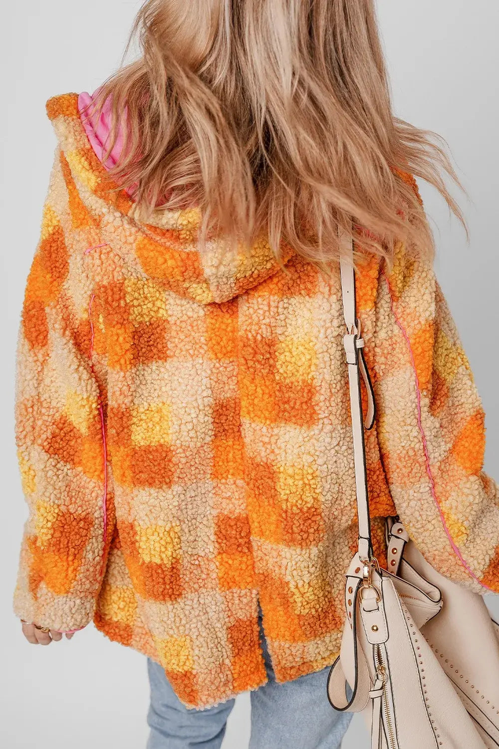 Checkered Long Sleeve Sherpa Hooded Jacket - Trendsi - Flyclothing LLC
