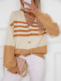 Color Block V-Neck Button Down Long Sleeve Cardigan - Trendsi