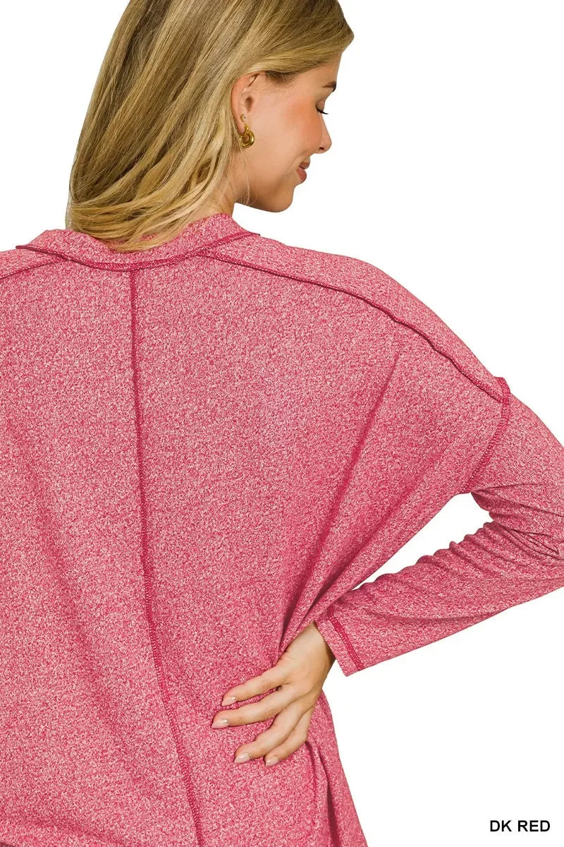 Zenana Soft Melange Hacci Exposed Seam Hi-low Tee - Trendsi - Flyclothing LLC