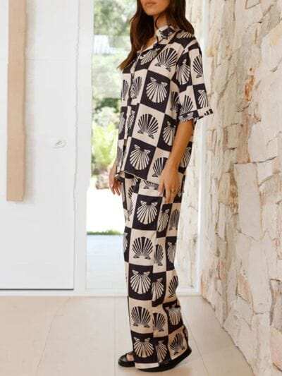 Printed Collared Neck Top and Wide Leg Pants Set - Trendsi - Flyclothing LLC