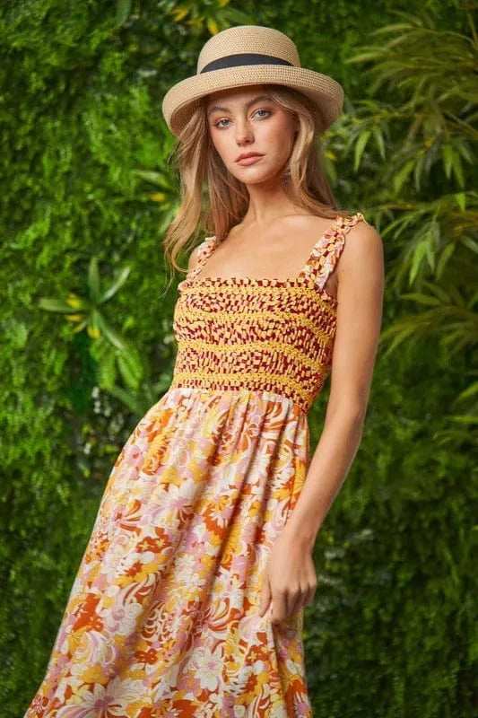 Davi & Dani Multi Smocked Bodice Geo Ruffle Strappy Midi Dress - Trendsi - Flyclothing LLC