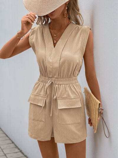Perfee Drawstring V-Neck Sleeveless Romper - Trendsi - Flyclothing LLC
