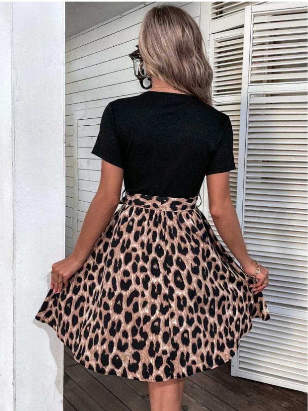 Tied Front Contrast Leopard Short Sleeve Mini Dress - Trendsi - Flyclothing LLC