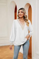 Contrast Puff Sleeve Blouse - Trendsi - Flyclothing LLC