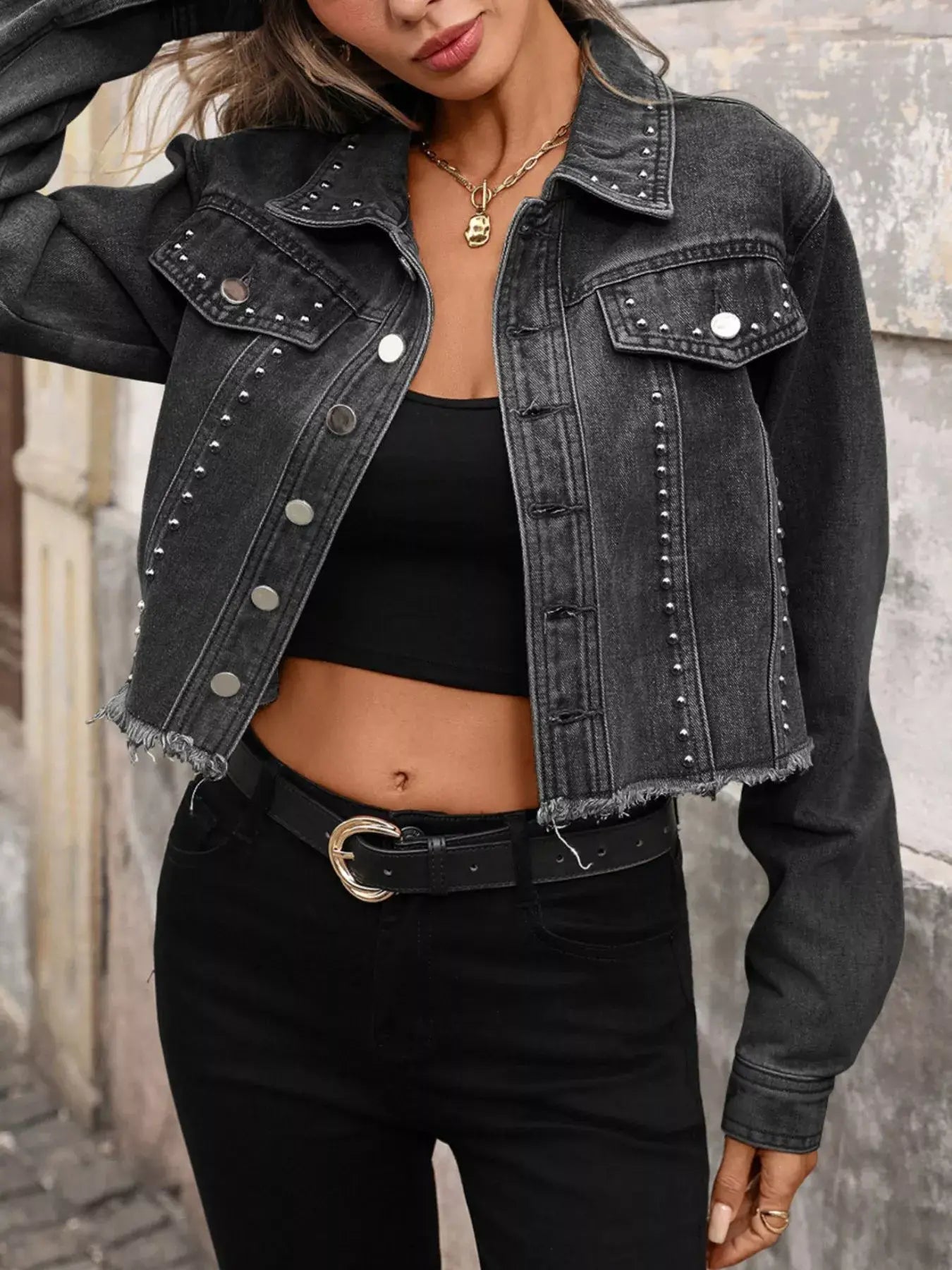 Studded Raw Hem Denim Jacket - Trendsi - Flyclothing LLC