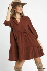 Umgee Tiered Corduroy Mini Dress with Balloon Sleeves - Trendsi - Flyclothing LLC