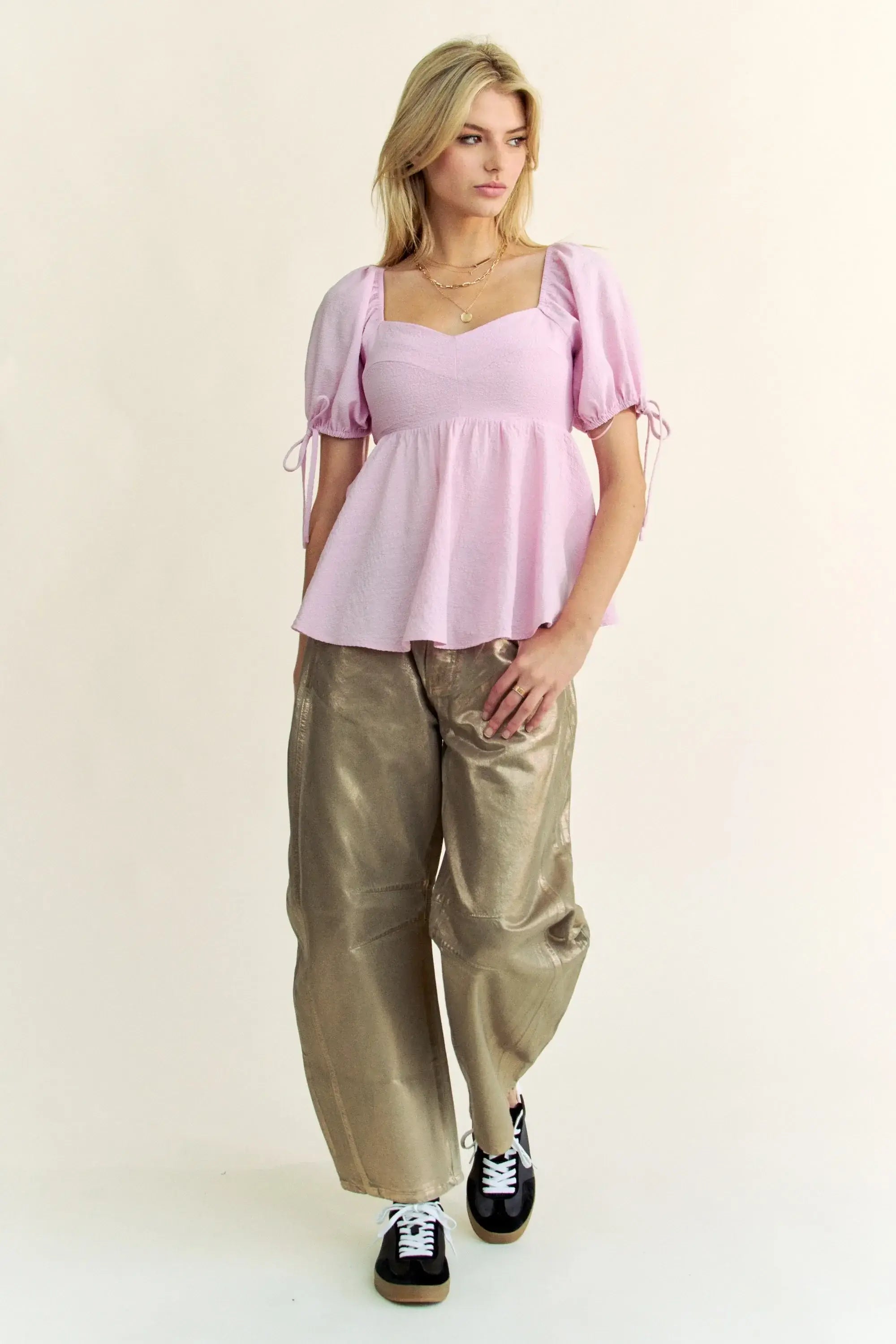 Davi & Dani Solid Elastic Peplum Puffed Sleeves Blouse - Trendsi - Flyclothing LLC