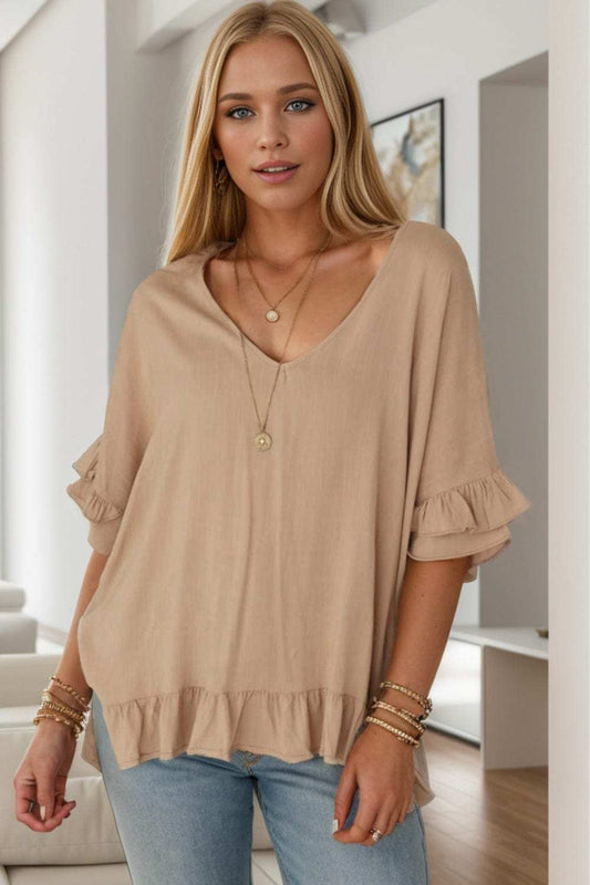 Ruffled V-Neck Half Sleeve Blouse - Trendsi - Flyclothing LLC