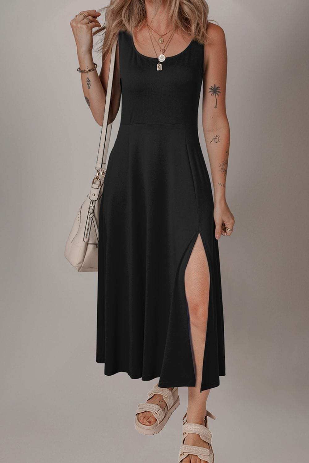 Side Slit Scoop Neck Wide Strap Dress - Trendsi - Flyclothing LLC