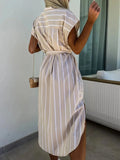 Striped Tie Waist Short Sleeve Dress - Trendsi