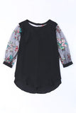 Floral Embroidered Sleeve Round Neck Blouse - Trendsi