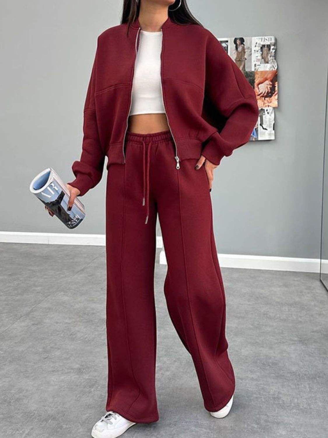 Baseball Collar Zip Up Outerwear and Drawstring Pants Set - Trendsi - Flyclothing LLC