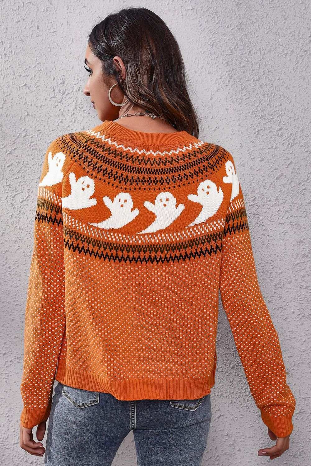 Ghost Pattern Round Neck Long Sleeve Sweater - Trendsi - Flyclothing LLC