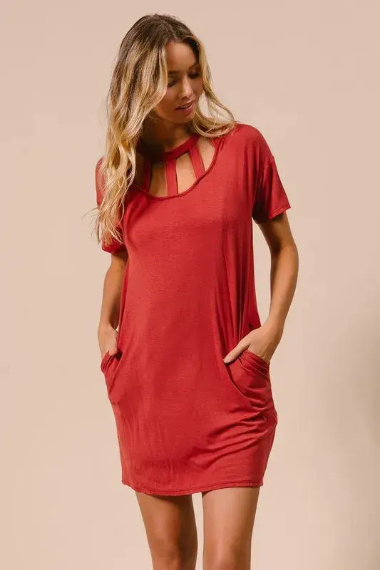 BiBi Front Cutout Mini Tee Dress with Pockets - Trendsi - Flyclothing LLC