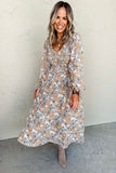 Printed V-Neck Long Sleeve Dress - Trendsi