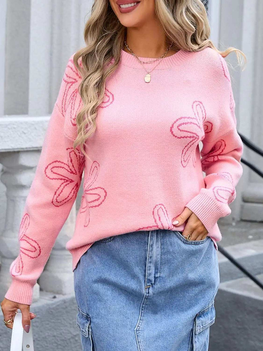 Flower Round Neck Dropped Shoulder Sweater - Trendsi - Flyclothing LLC
