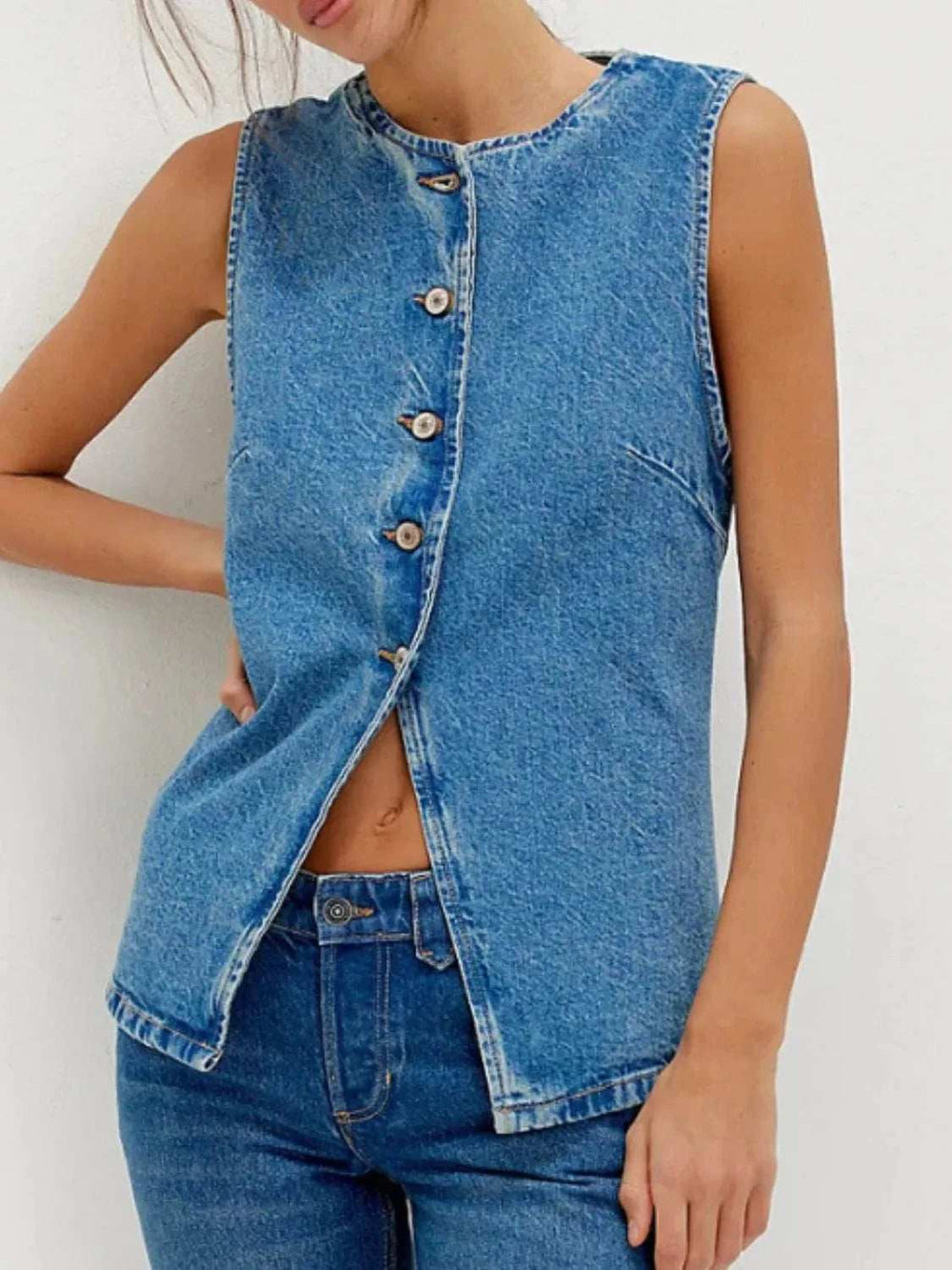 Button Down Round Neck Denim Vest - Trendsi - Flyclothing LLC