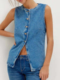 Button Down Round Neck Denim Vest - Trendsi - Flyclothing LLC