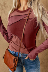 Exposed Seam Contrast Round Neck Long Sleeve T-Shirt - Trendsi - Flyclothing LLC