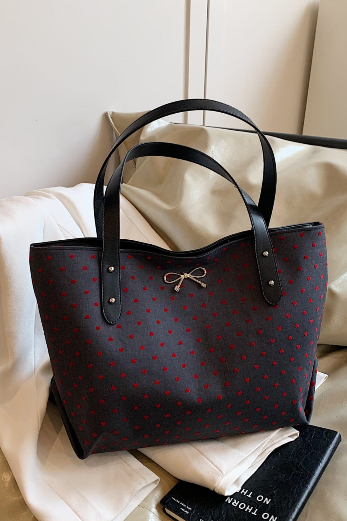 Polyester Bow Polka Dot Tote Bag - Trendsi
