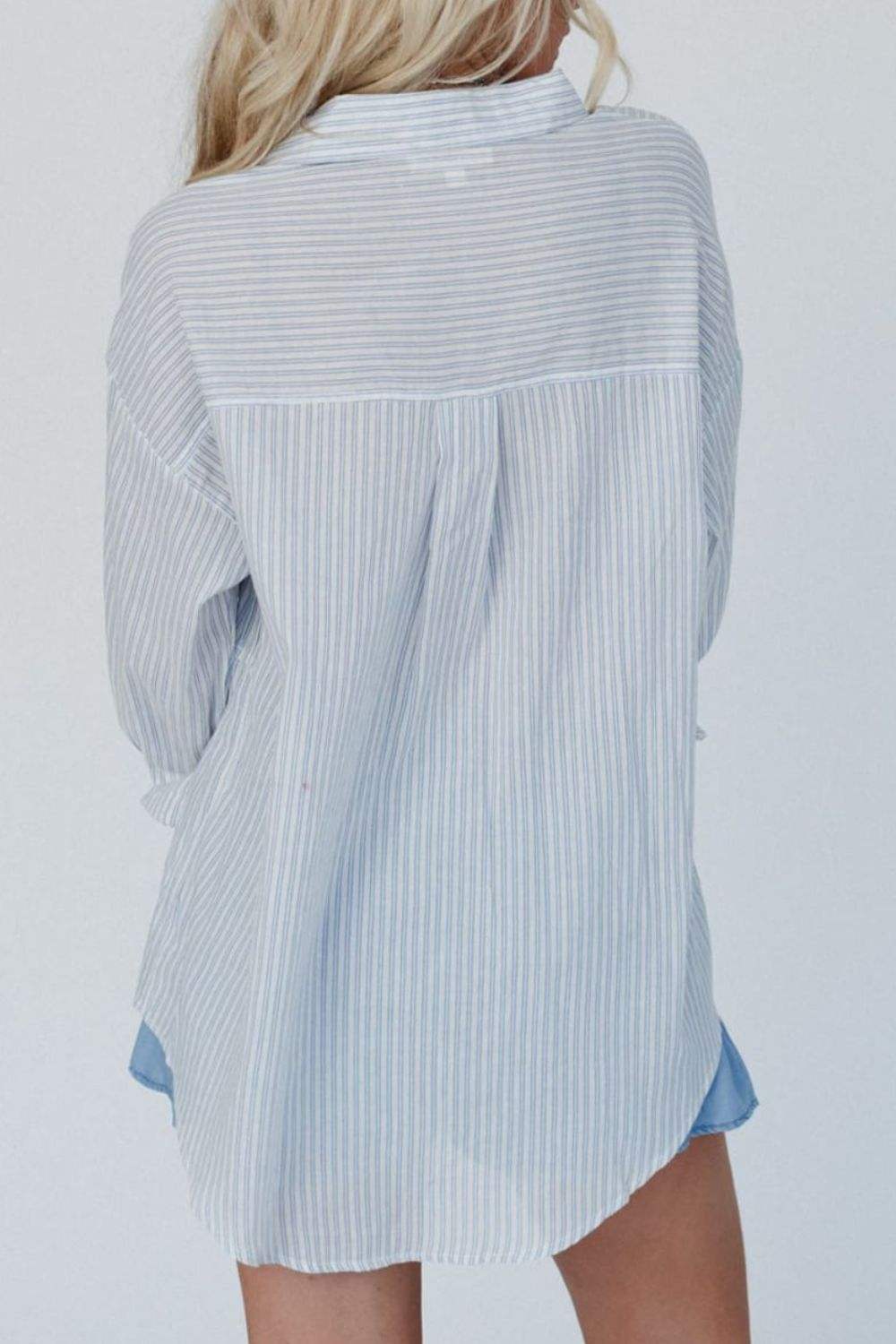 Frill Striped Collared Neck Long Sleeve Shirt - Trendsi - Flyclothing LLC
