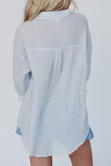 Frill Striped Collared Neck Long Sleeve Shirt - Trendsi - Flyclothing LLC