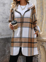 Drawstring Plaid Zip Up Long Sleeve Hooded Outerwear - Trendsi - Flyclothing LLC