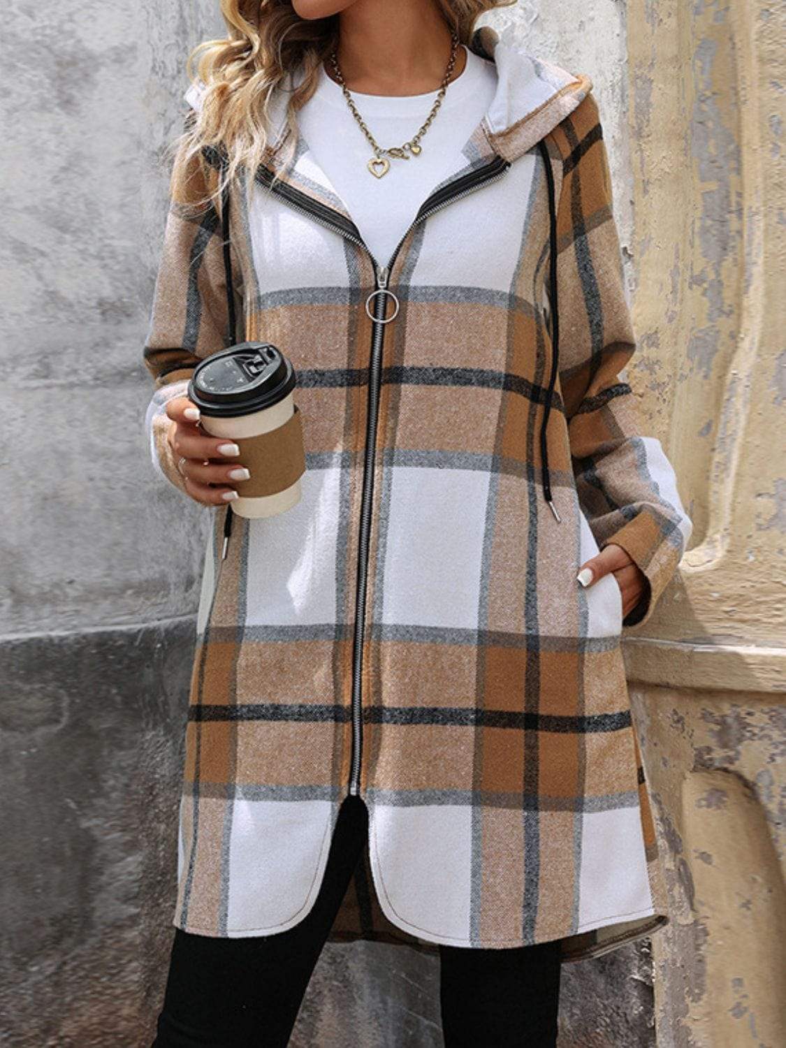 Drawstring Plaid Zip Up Long Sleeve Hooded Outerwear - Trendsi - Flyclothing LLC