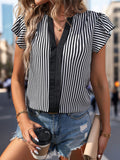 Ruffled Striped Notched Cap Sleeve Blouse - Trendsi