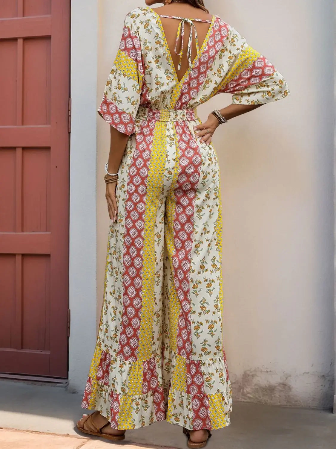 Perfee Ruffled Hem Printed V-Neck Jumpsuit - Trendsi - Flyclothing LLC