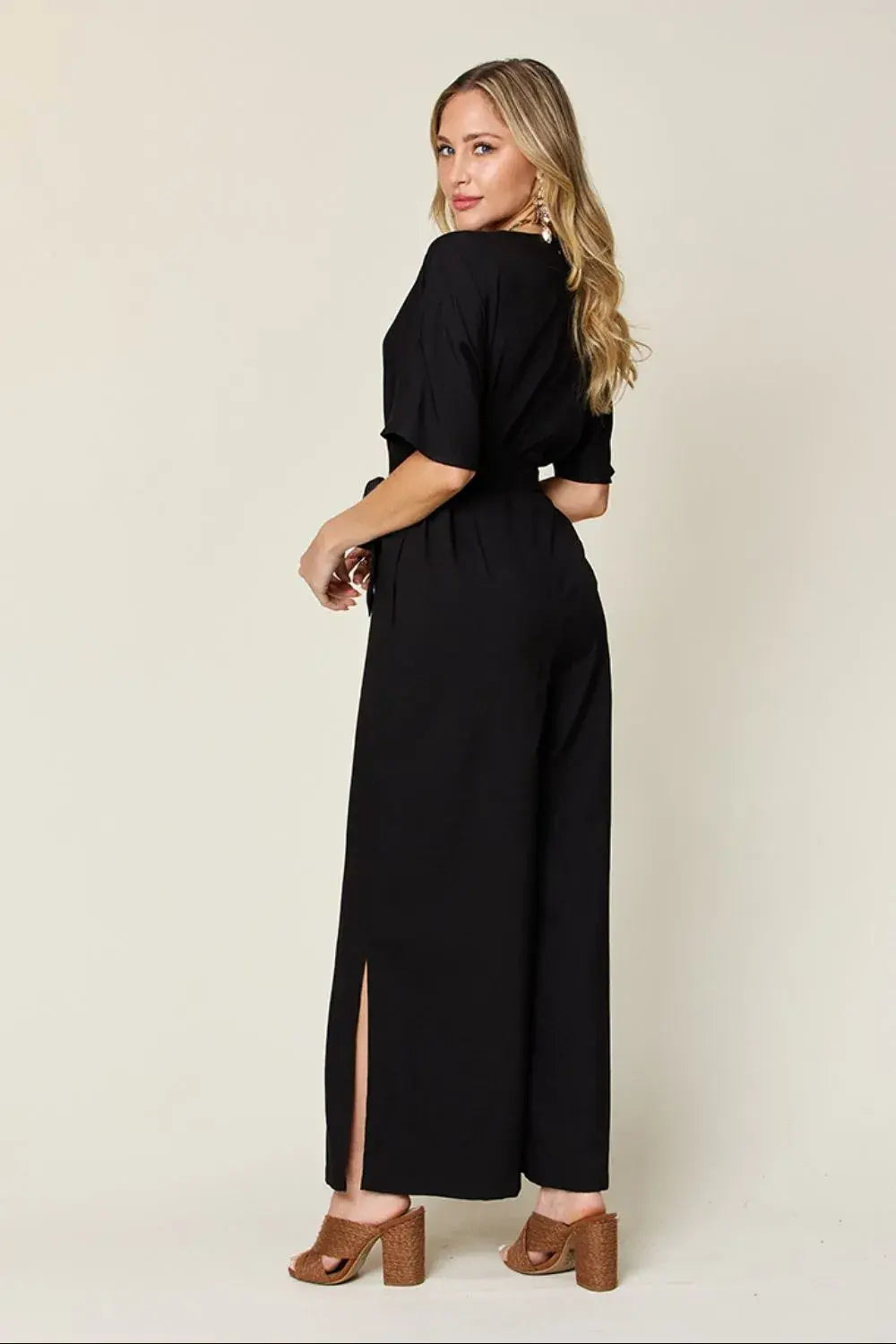 Double Take Full Size V-Neck Tied Side Slit Jumpsuit - Trendsi - Flyclothing LLC