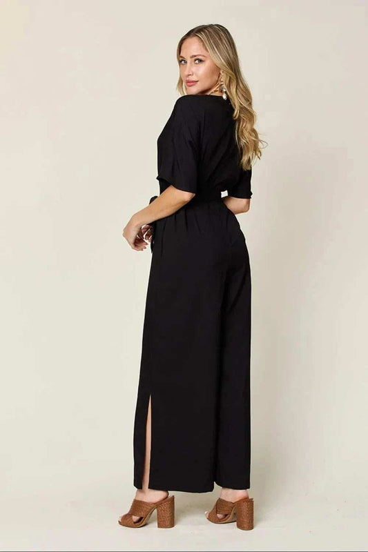 Double Take Full Size V-Neck Tied Side Slit Jumpsuit - Trendsi - Flyclothing LLC