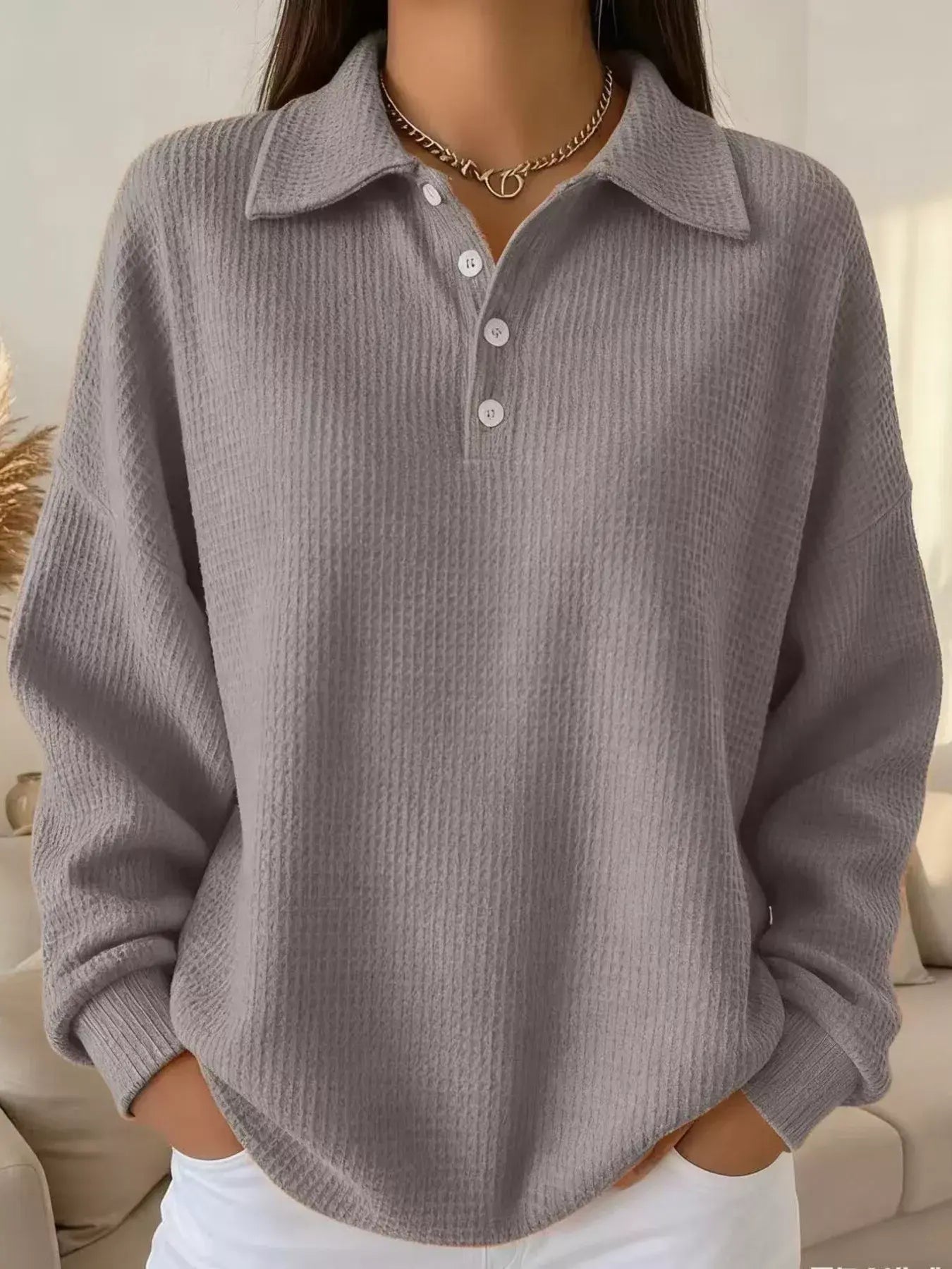 Full Size Waffle Knit Button Detail Sweatshirt Plus Size - Trendsi - Flyclothing LLC