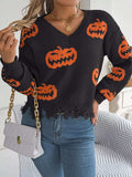 Halloween Pumpkin Pattern Raw Hem V-Neck Sweater - Trendsi - Flyclothing LLC